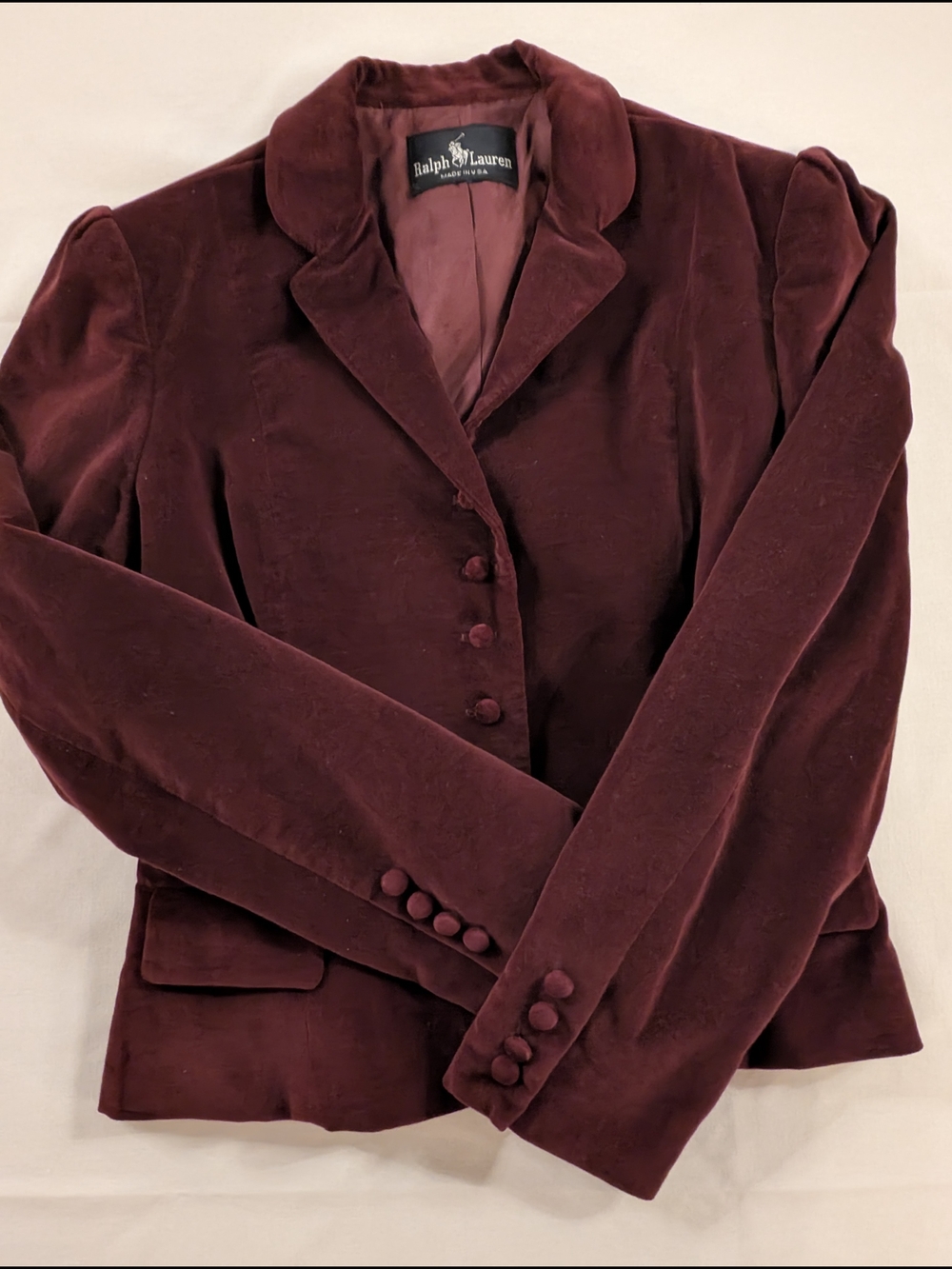 Vintage 90s Ralph Lauren Burgundy Plum Velvet Cropped Blazer Jacket Made in USA - Picture 2 of 16